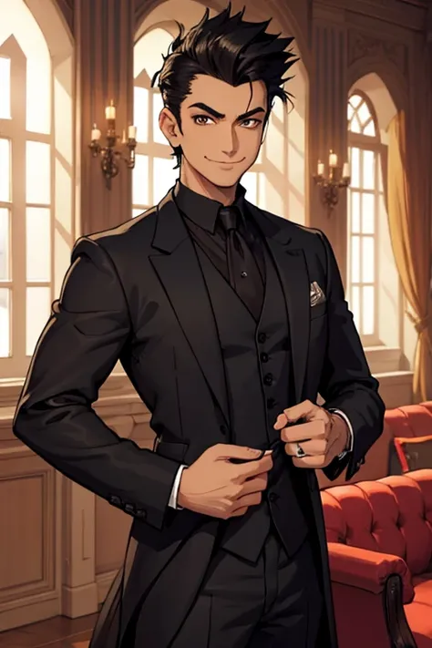 Perfect face. Perfect hands. A man with spiky black hair and brown eyes in a Gothic suit is smiling while posing in a Gothic ballroom