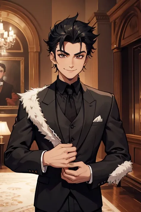 Perfect face. Perfect hands. A man with spiky black hair and brown eyes in a Gothic suit is smiling while posing in a Gothic ballroom