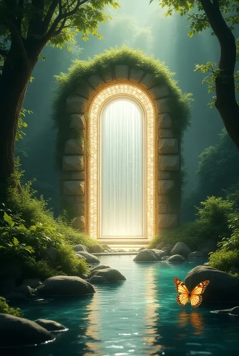 (photorealism:1.2), White luminous door The door is dr of gold and diamonds,  stands in the middle of a beautiful wilderness,  and there is a river flowing with clear water , spotted butterfly