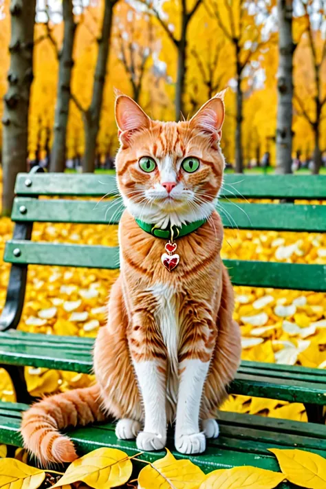 A red cat with big sad eyes in a green collar with a heart-shaped pendant sits on a bench among the yellow autumn leaves