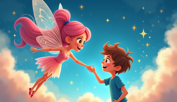 Image Prompt:

Illustration of a joyful fairy named Rose with long flowing pink hair and a sparkling dress, extending her hand towards Timmya cheerful boy with tousled brown hair and a bright blue t-shirt.  The background features fluffy clouds and twinkli...