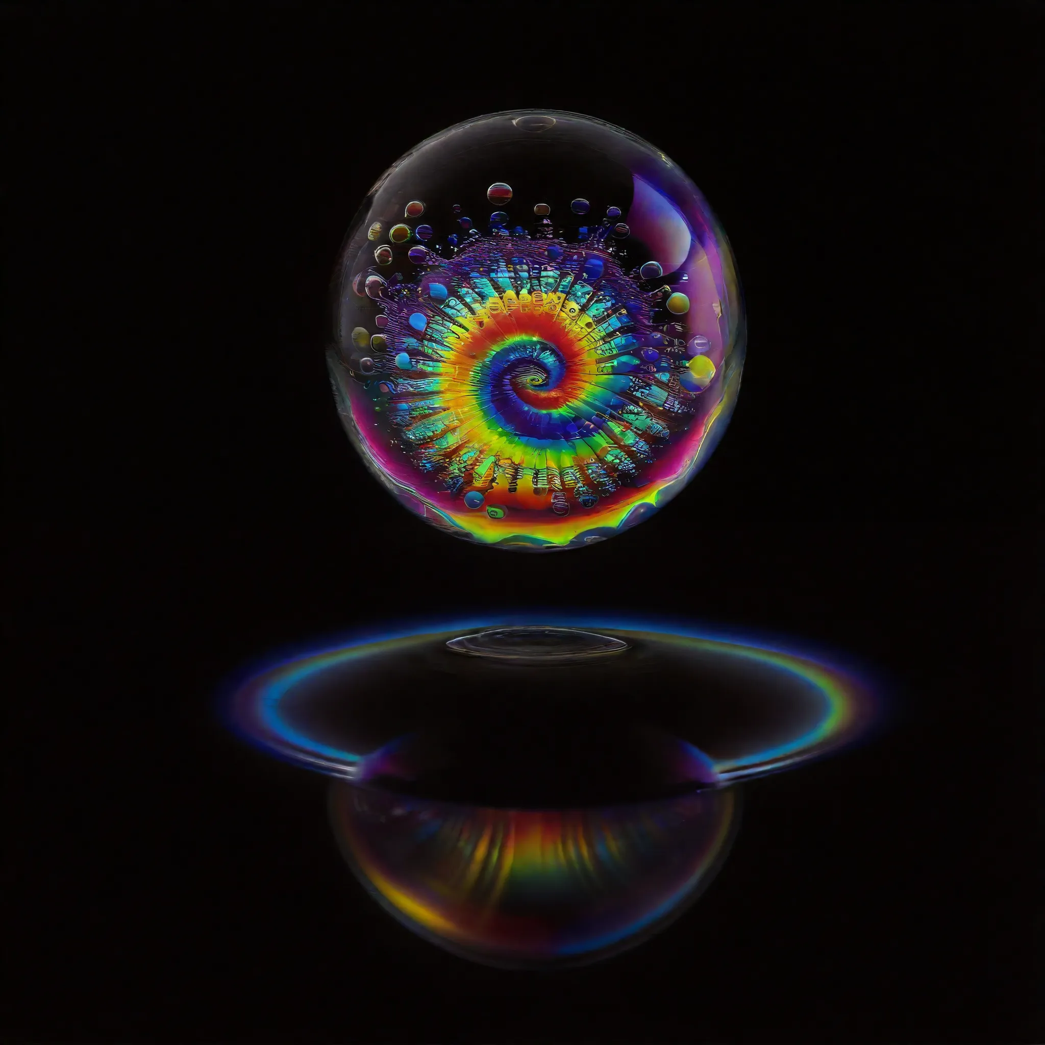 A psychedelic dream, vibrant colors shimmering, glass morphing from colors, intricate rainbow patterns, perfectly formed symmetrical spheres and glowing reflective bubbles, attention to detail on the bubbles and spheres, rainbows of color twisted in and ou...