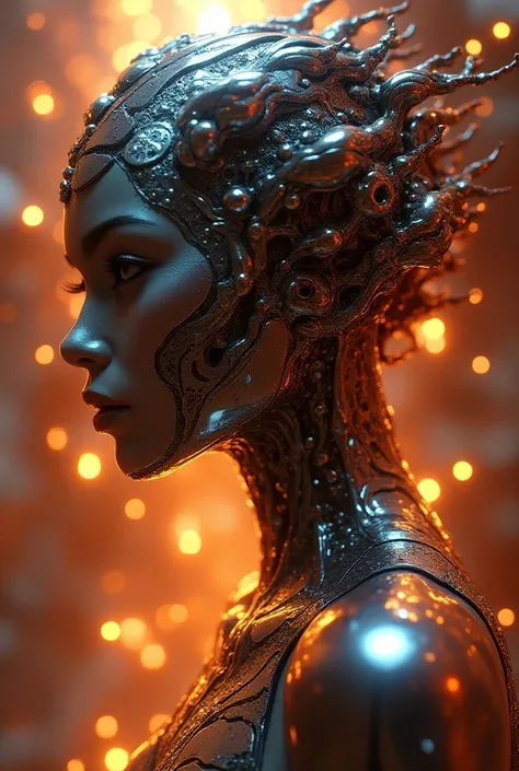 zbrush octane render 3D cyber metal ethereal portrait warm colors digital painting psychedelic holographic glossy details intricate highly detailed organic