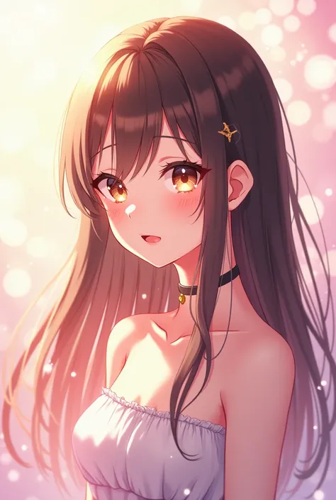 a beautiful anime girl with a straight long hair smiling.