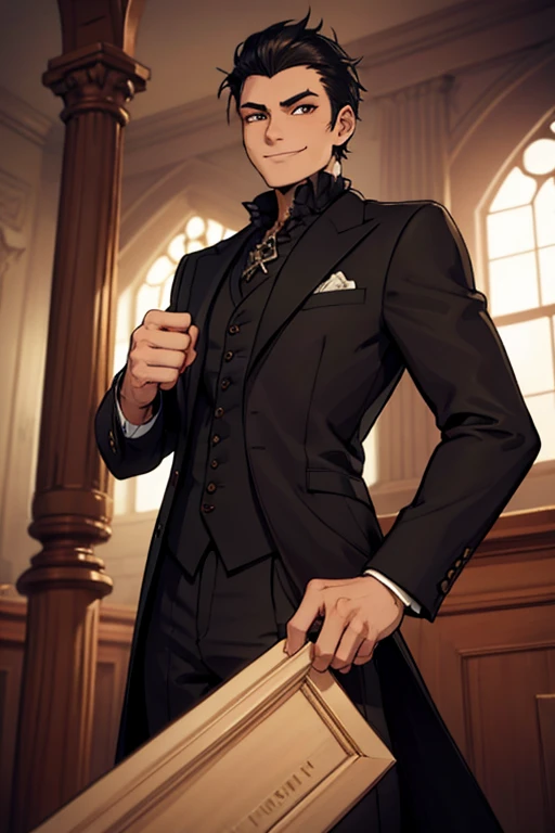 Perfect face. Perfect hands. A man with spiky black hair and brown eyes in a Gothic suit is smiling while posing in a Gothic ballroom