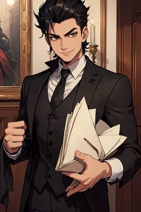 Perfect face. Perfect hands. A man with spiky black hair and brown eyes in a Gothic suit is smiling while posing in a Gothic ballroom