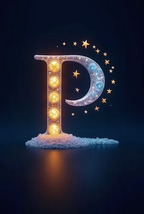  image haute qualité dun logo avec comme motif principale un P en 3D et une étoile brillante à 4 branches au niveau de lextrémité base du P et au niveau du haut de la boucle du Pdes lunettes de soleil en verre avec des étoiles et la lune sur le verre.