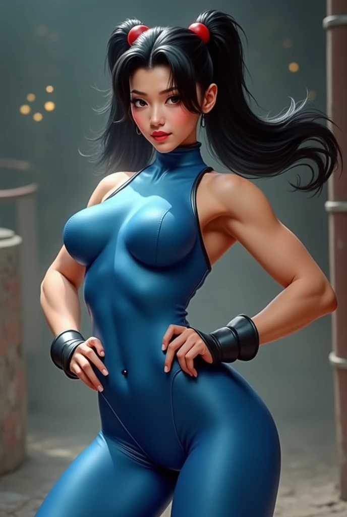 realistic photo of sexy Chun-Li from street fighter,black hair 2 ponytails,her suit is blue,she is beautiful,her body is amazing, camara dinamica