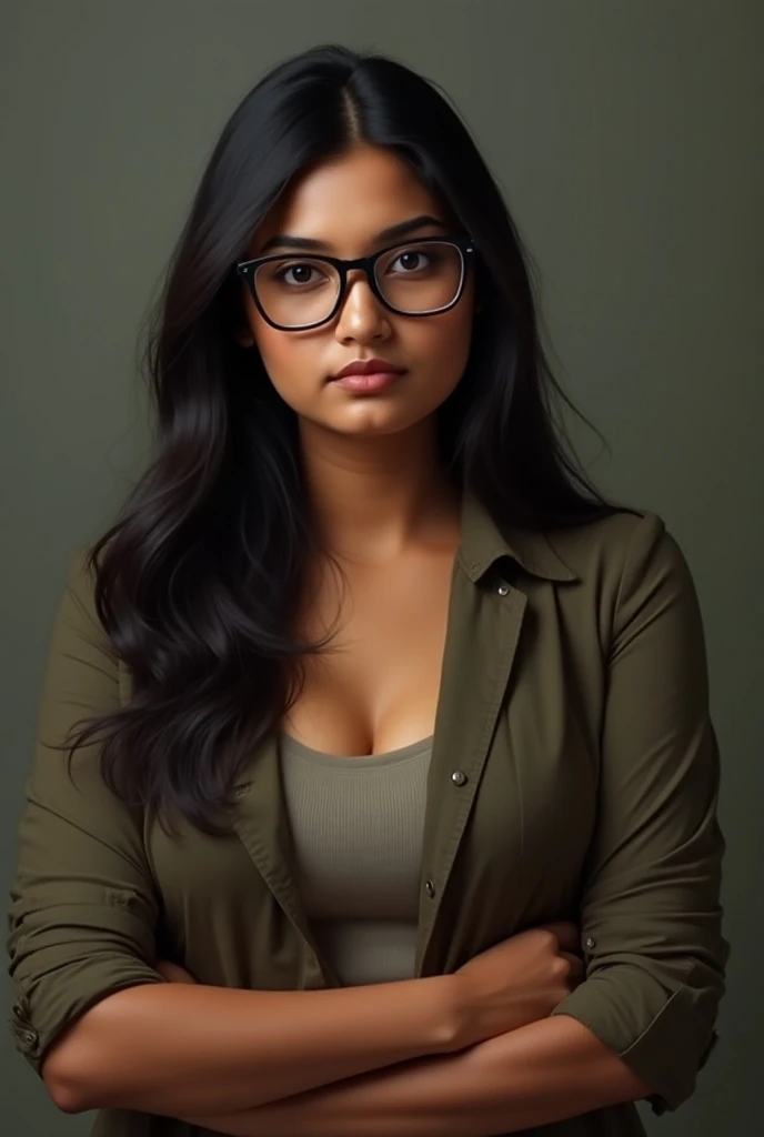 fat Indian girl about 26 years old, with spectacles on, looking straight 