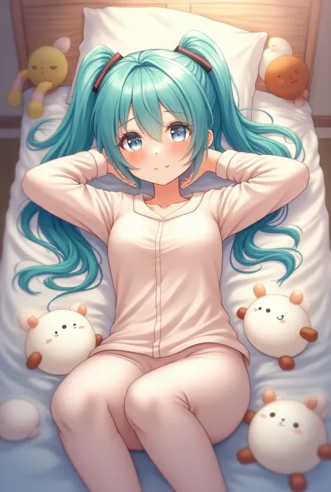 1girl, Hatsune Miku, in a very cute aqua-colored pajamas, lies back on the bed and stretches her arms towards the viewer, looks adoringly at the viewer, soft toys everywhere, top view, high detail