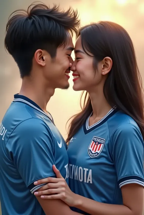 Create an image of a pair of Asian sweethearts wearing Persib Jersey are leaning their romantic forward facing while smiling sweetly 