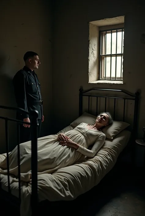 "A dimly lit 19th-century prison cell, where a frail, elderly woman lies motionless on a simple, iron-framed bed. Her once-authoritative presence is now diminished, and her face, pale and gaunt, reflects a mix of defeat and quiet resignation. The room is c...