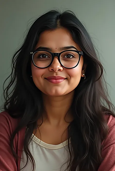 fat Indian girl about 26 years old, with spectacles on, looking straight 