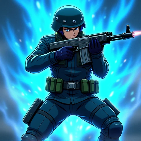 A anime figher with MP40 gun with blue background 