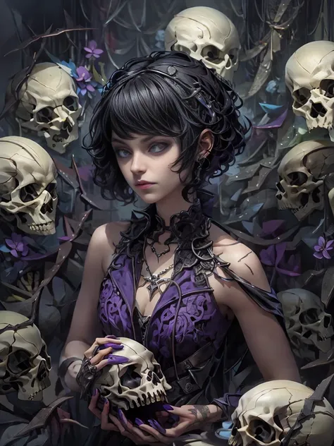 woman 30 years old, witchcraft, magician,magic clothes, where poison potions and vines abound, a woman (hutless), short black hair (black hair), (bangs), (purple eyes), looks at you amidst a pile of bones and skulls. Indifferent look , merciless. among the...