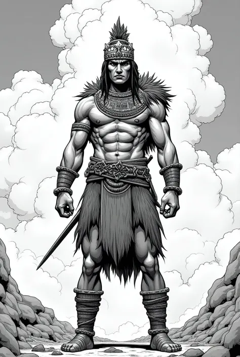 Generate traditional manga image in 2d (only strokes, sin color), of a Mayan warrior , wearing jaguar skins ,  getting ready to fight on a cloudy day 