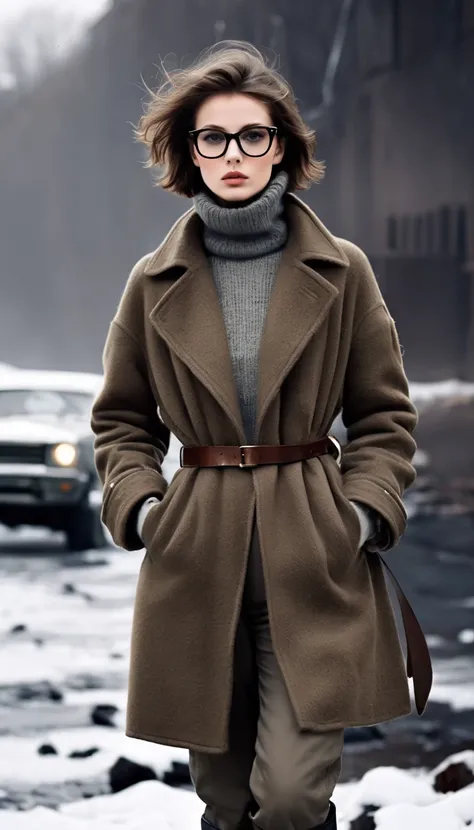 wasteland, sci-fi art, in style of Lillian Bassman, russian like a teenager woman 28yo, rounded beautiful face, brown seriously eyes, glasses, short shaggy brown hair, dark grey turtleneck sweater, old brown learher coat, canvas brown cargo pants with leat...