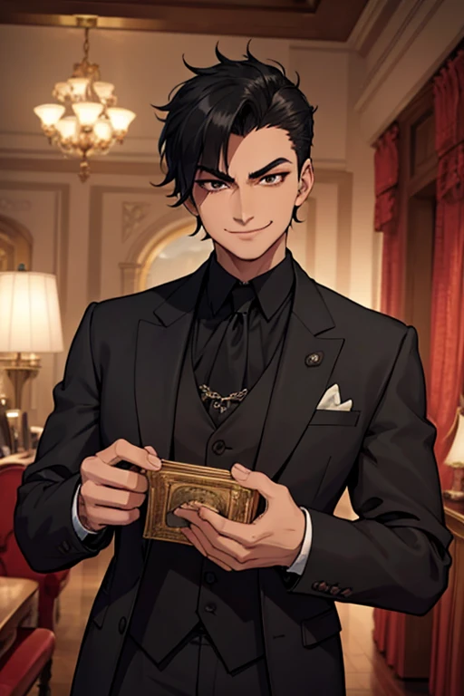 Perfect face. Perfect hands. A man with spiky black hair and brown eyes in a Gothic suit is smiling while posing in a Gothic ballroom
