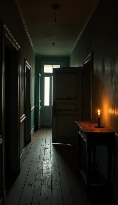 A dark, narrow hallway in a 19th-century French home, the wooden floor creaking underfoot. At the end of the hall, a closed door looms, half-shadowed, symbolizing the secrets and horrors hidden behind it for so many years. The light is dim, coming from a s...