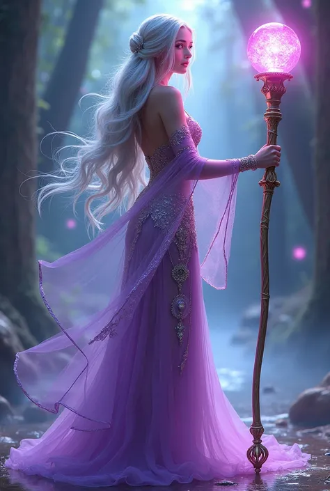 can you create a character that is female? she is a sorceress who has very long silver hair, attractive face, and violet magic, wears glamorous glow silver and violet evening dress. you can call her “goddess of fabulous”. i want a whole of character’s body...