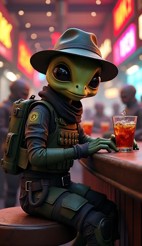 A cute solitary alien bounty hunter, portrayed as friendly and approachable, dressed in tactical hunting gear and a hat, enjoying a drink at a bustling alien tavern, at the bar next to the bartender , background is lively with other alien patrons and color...