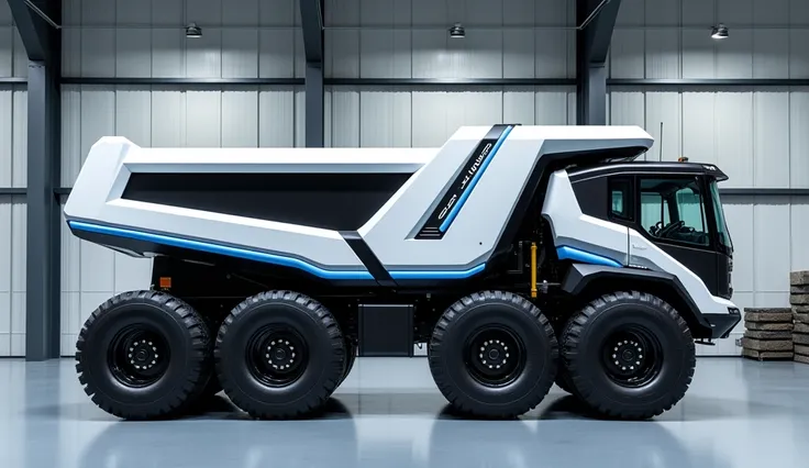 "Side view of a futuristic heavy-duty six-wheel dump truck displayed in a modern industrial showroom. The truck features a bold and aggressive design with a massive dumping bed and angular lines, emphasizing strength and functionality. The cabin has a high...