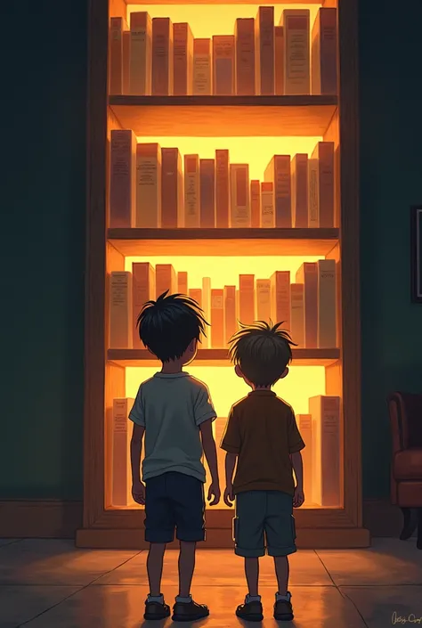 two boys look  (Back view)  at a close-up store bookcase,  that glows in the night , with books.