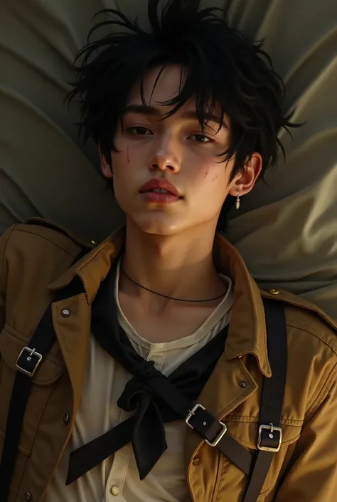 "A highly realistic and cinematic illustration of a young man with messy black hair lying down with a calm and slightly vulnerable expression. His sharp facial features are accentuated by pale skin, small bruises, and faint scratches that hint at recent st...