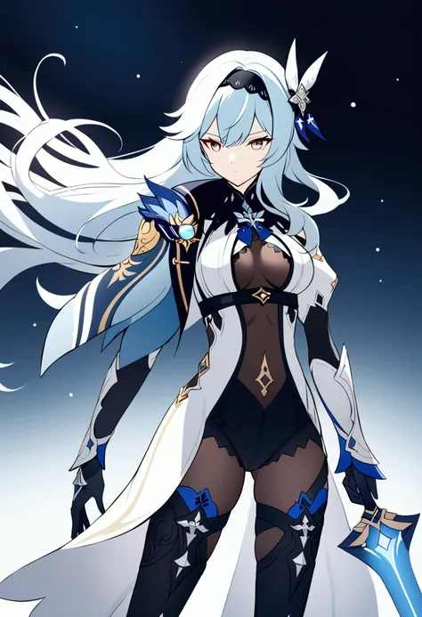 Eula from Genshin impact A manga-style illustration of a graceful female warrior with long flowing hair, dressed in intricately designed armor that combines elegance and functionality. The armor is predominantly black and white, featuring delicate patterns...