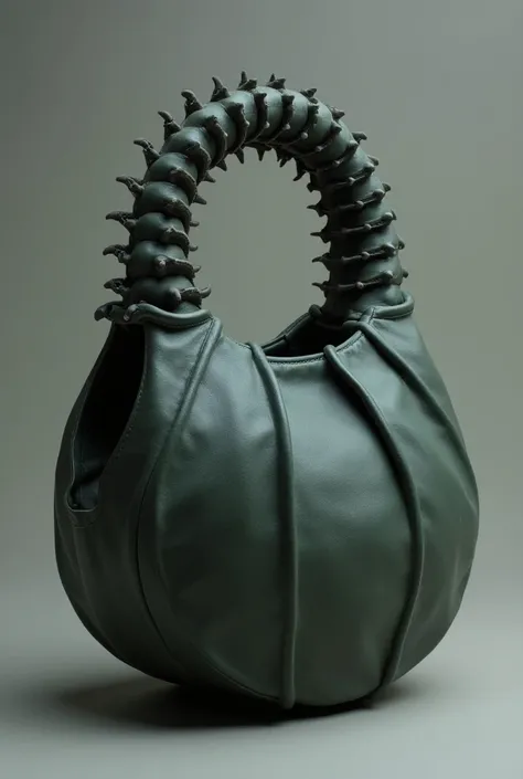 Generate a round monochrome bag inspired by rotten flowers with centipede handle