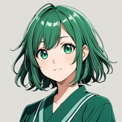 Inko Midoriya, long straight dark green hair, green eyes, simple background 