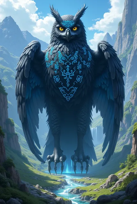 Create final fantasy style: a gigantic owl with black and blue feathers filled with runes on its feathers in a beautiful valley