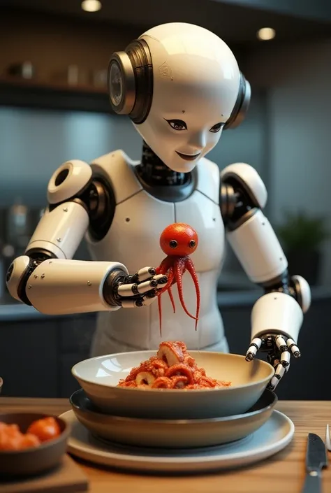 Make me a picture of a robot cook with an octopus in his right hand, Now I want you to do it like a professional chef making a very delicious meal.