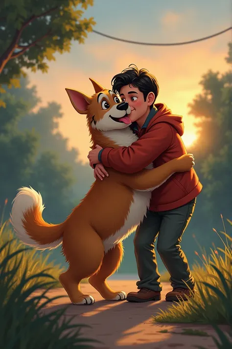  Caricature The dog returning to his owner after leading the tiger away, both  and dog exhausted but safe, with a heartfelt embrace under the evening sky."