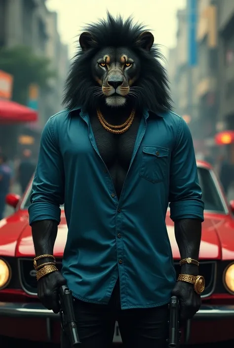 a muscular mafia black lion wearing a sky blue shirt, holding a gun, with jewelry including five golden rings and a bracelet, in front of a red car in Mumbai city, highly detailed, photorealistic, 8k, masterpiece, cinematic lighting, dramatic composition