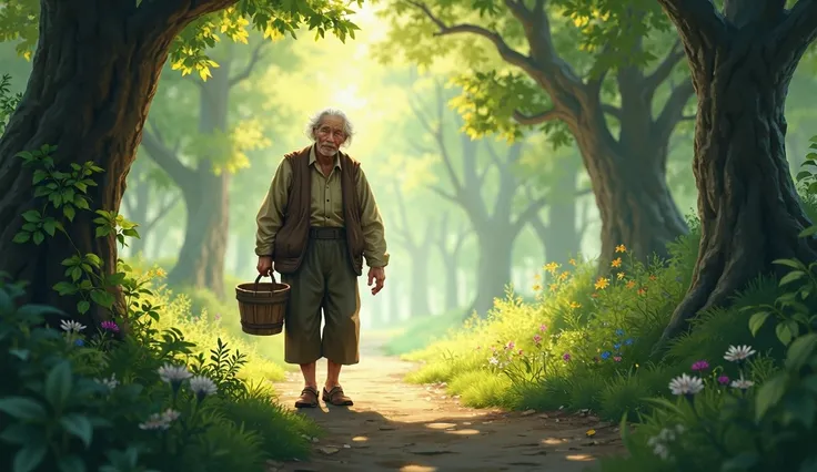 A grandfather walking on a path in the middle of the forest in the morning with a dim light and carrying a bucket in hand 