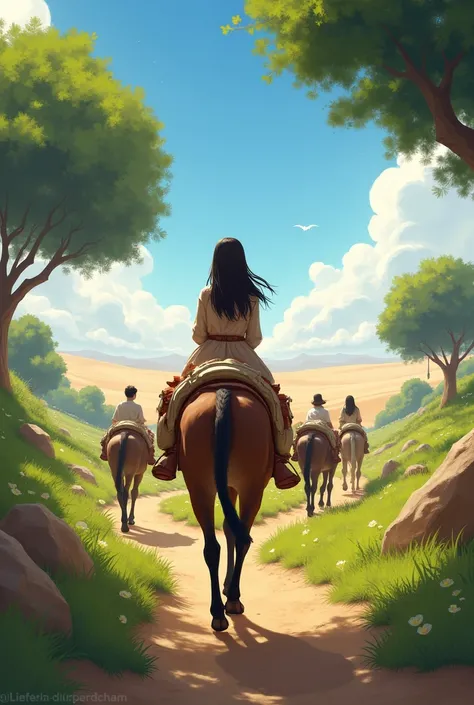 It starts with green trees and green pastures , Abigail riding a donkey you can see only her back and in front of her donkeys loaded with food with people walking down to the desert and in the background you can see a wide desert plain that is lost in the ...