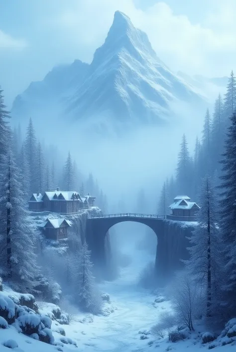 Ultra Wide Angle Detailed Surrealism Under Big Snow White Snowy Mountain Scenery Snow Village Dreamy Ancient Bridge In Thick Mist Surreal Elements Bizarre Blue-Glowing Volume Illumination Rich Color Levels Complex Details，masterpiece， Best Quality   細膩動態 寫...