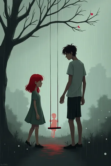 Cover of a book showing a slender and pretty girl with red-haired hair that reaches her waist and on her east side with gray and black colors reflecting loneliness and pain and its raining and she finds in the distance an empty red swing and this one dress...