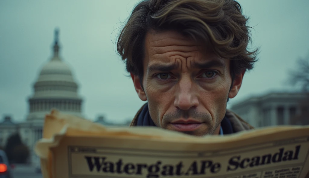 A close-up of a disillusioned American citizen, holding a newspaper with the headline “Watergate Scandal,” their face reflecting a loss of trust and innocence, with the Capitol building faintly visible in the background.