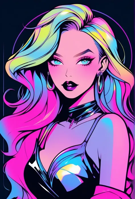 ((illustrator)),ledy vampire, Holographic accessories, stylish, sketch, cool woman, rockstar, shiny lip, jersey wear, order, very stylish asymmetry hair,  platinum ((gradient)) dark background, neon, textured crop, (masterpiece, best quality), ((dynamic an...