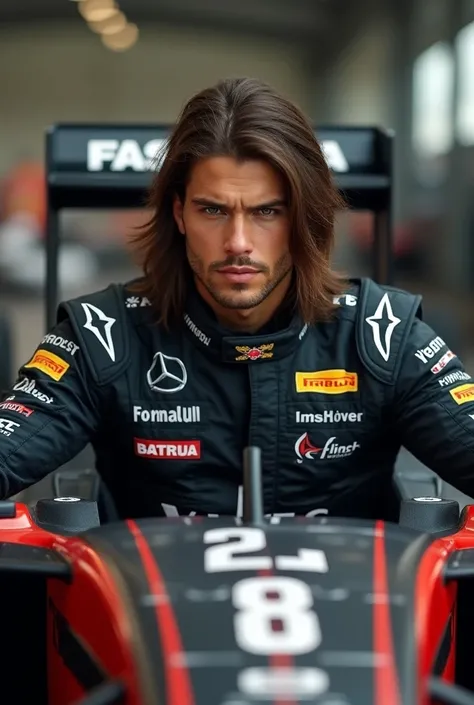 Strong 18-year-old male F1 driver with long brown hair