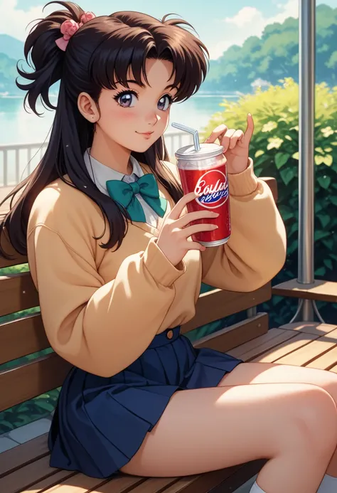 anime girl sitting on a bench with a cup of coffee, cute anime girl, anime style illustration, soda themed girl, beautiful anime high school girl, a hyperrealistic schoolgirl, anime girl, young anime girl, beautiful anime girl, anime girl drinks energy dri...