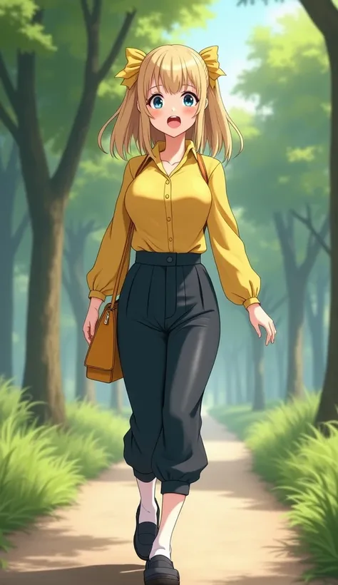 a  dressed fashionably. The  has a playful expression, styled hair with yellow bows, a yellow top, dark pants, and is holding a small yellow purse while walking on a pathway in an outdoor setting18 year old woman , very beautiful , straight blonde hair, Sh...