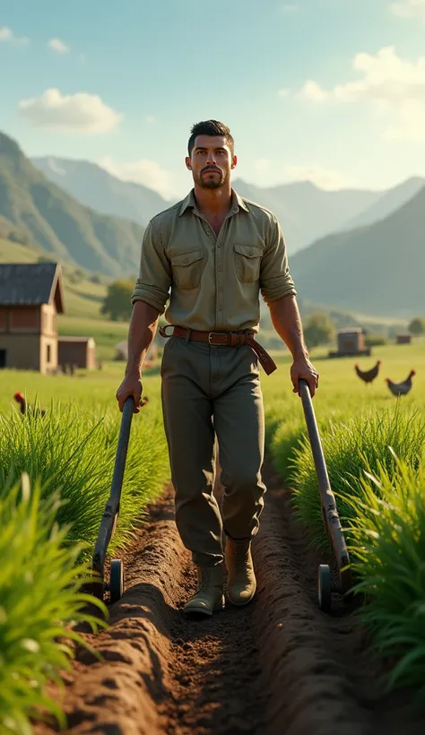 "Create a highly detailed image of a man resembling Cristiano Ronaldo, dressed in simple farming attire, working in a rural village setting. He is seen plowing a field with traditional tools, surrounded by lush green crops, a small farmhouse in the backgro...