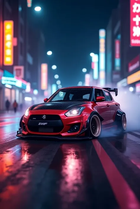  A hyper-realistic scene of a heavily modified Suzuki Swift car performing a thrilling drift on an urban street at night. The car features a sporty body kit, custom alloy wheels, and a vibrant paint job with glowing neon underglow lights. Thick tire smoke ...