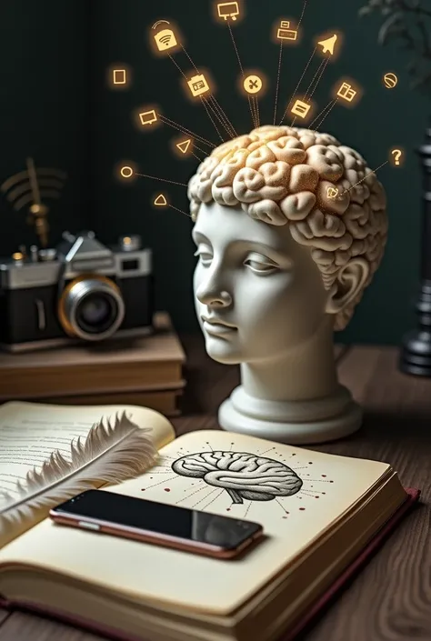  A marble figure of a pensive head surrounded by books and , next to, a cell phone with app icons projected in the air .  A feather rests on a page with a sketch of a brain interconnected with golden digital lines. In the background, a vintage camera and a...