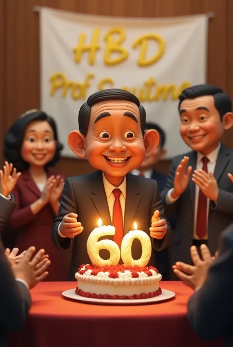 an Indonesian middle aged man is celebrating his birthday attended by the president of Indonesia.   A little bit skinny, brown skin, regular Asian height.  There is a cake with candle number 60. There is a banner behind with a writing "HBD Prof. Sautma".  ...