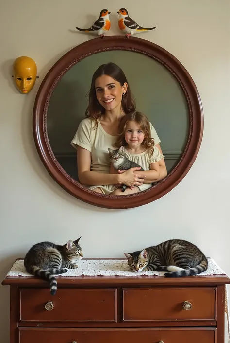  I want you to generate an image with a dresser and in this same scene ,  I want a round painting on the wall with a dark wood frame and shiny tobacco varnish in the center of the scene ,  an image of a smiling family  (Good, mother and daughter with a kit...