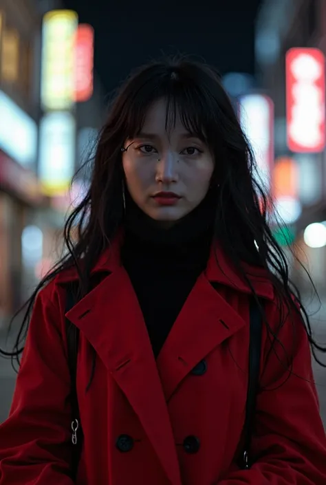  Photo Real、Live-action film、 Japanese、 black hair straight、Jumping beautiful girl、 dark image 、 boobs、Red coat、Glasses、 Cyberpunk 、Night Street